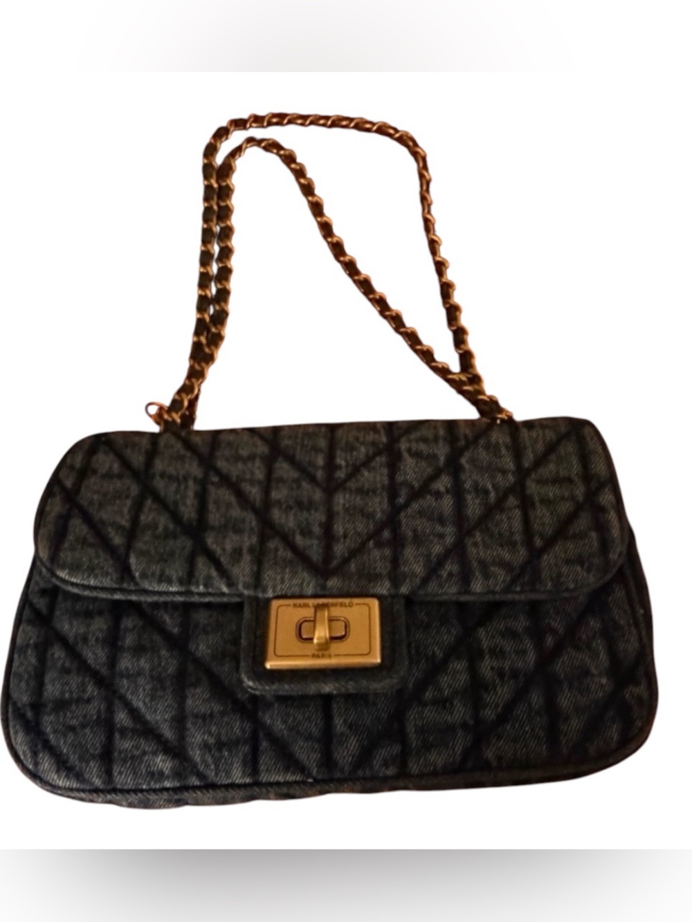 Karl Lagerfeld Quilted Denim Shoulder Bag with Gold Chain